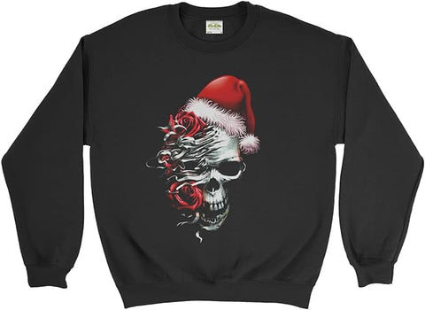 Unisex Christmas Jumper Gothic Skull Sweatshirt With Red Roses And Santa Hat - Ai Printing