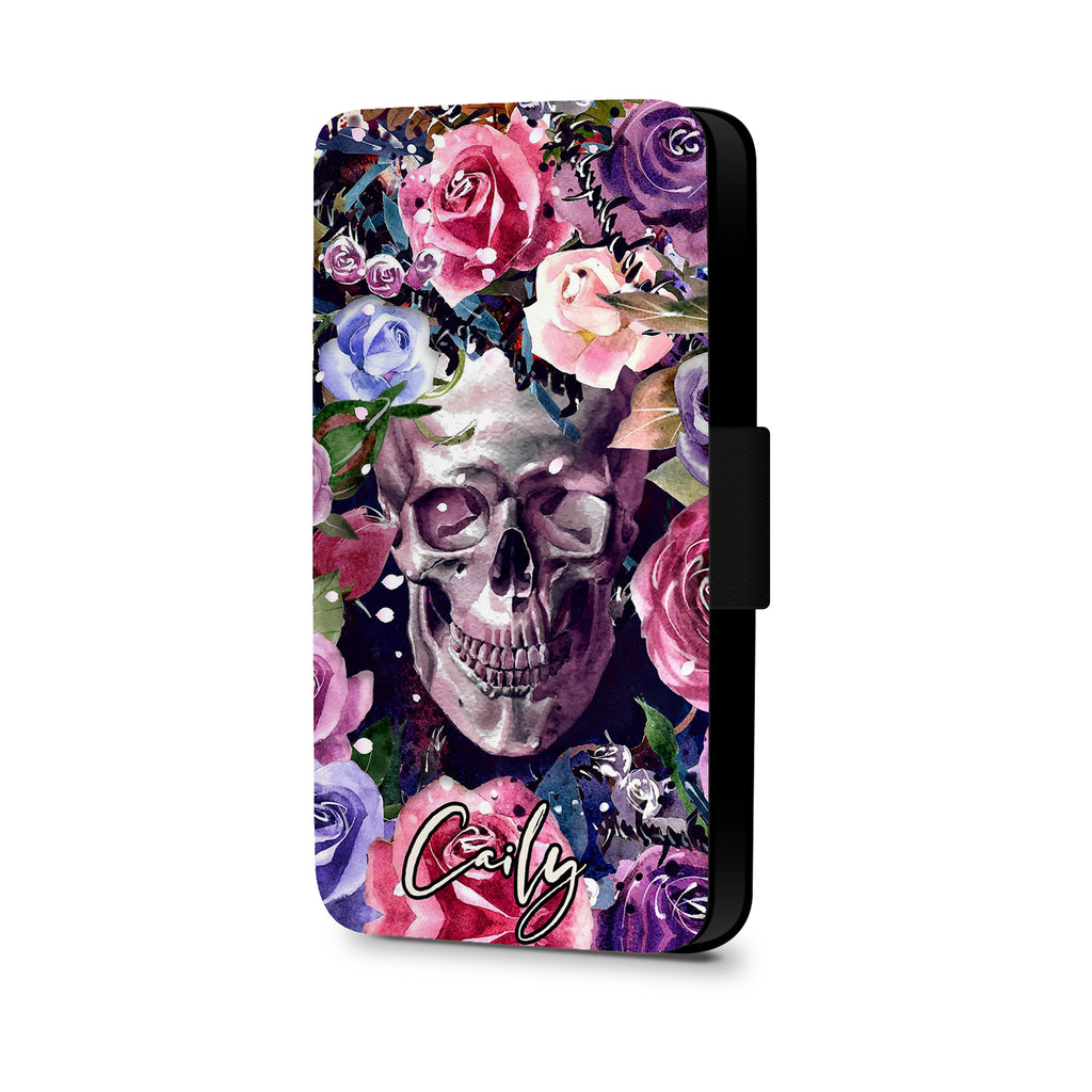 Personalised Name Initial Sugar Skull Watercolor Floral Background - Personalised Faux Leather Case - Ai Printing