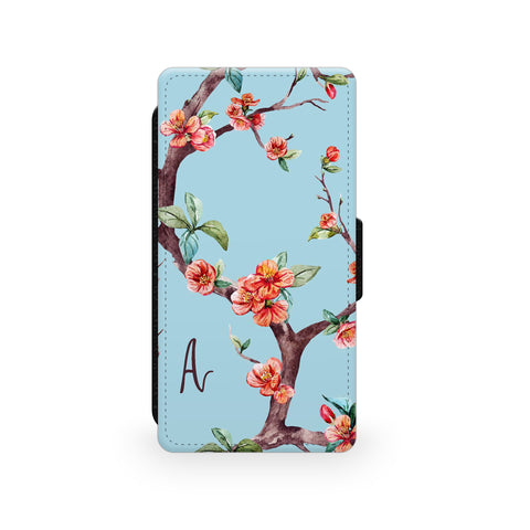 Blue Pink Floral Blossom - Faux Leather Case - Ai Printing