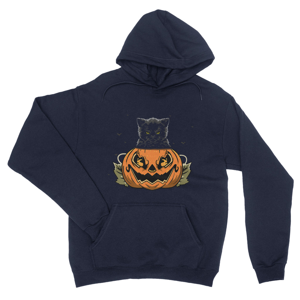 Black Cat Sitting at Big Scary Pumpkin Halloween Unisex  - Hoodie | Ai Printing