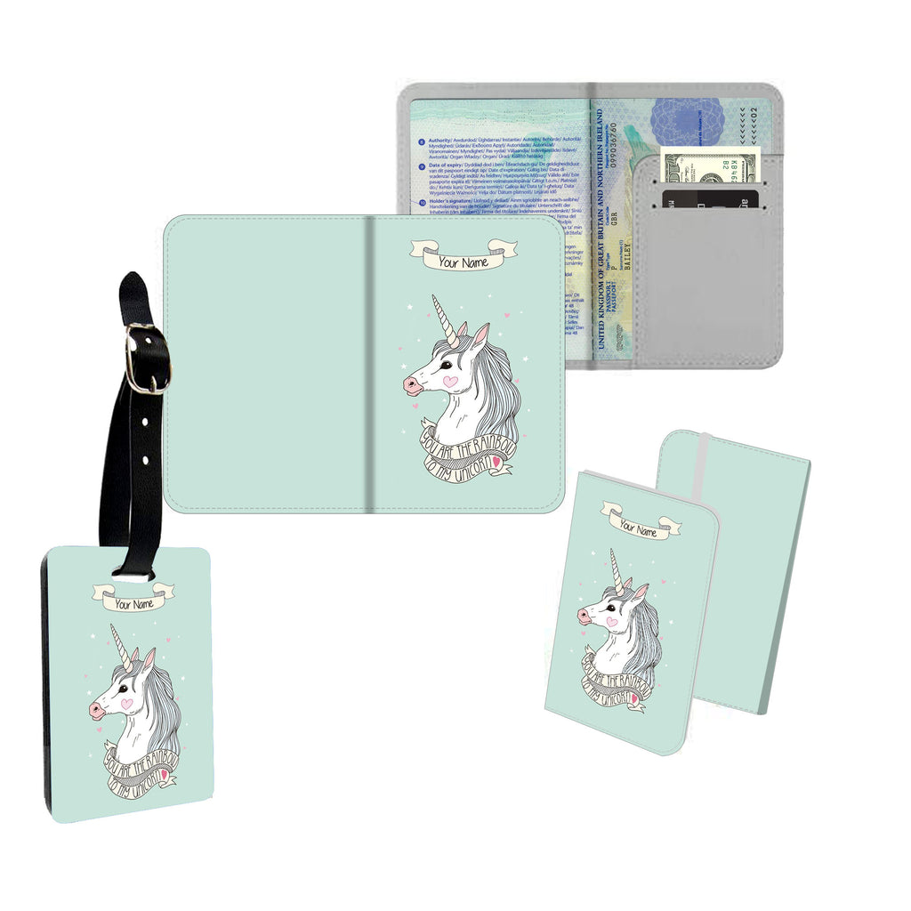 Personalised Name Passport Slim Cover Holder Luggage Tag Green Unicorn - Ai Printing