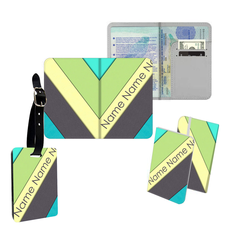 Personalised Name Passport Slim Cover Holder Luggage Tag Green and Blue Yellow Stripes - Ai Printing