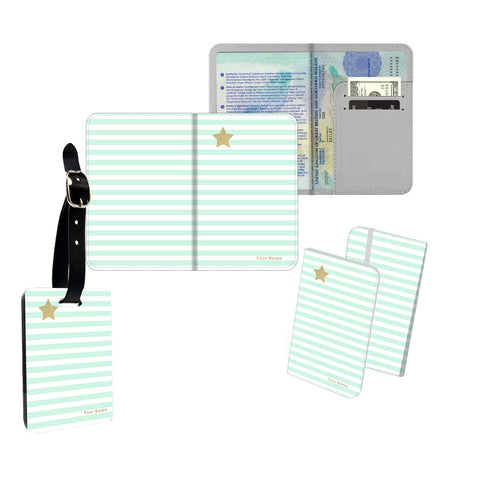 Personalised Name Passport Slim Cover Holder Luggage Tag Gold Star Green Stripes - Ai Printing