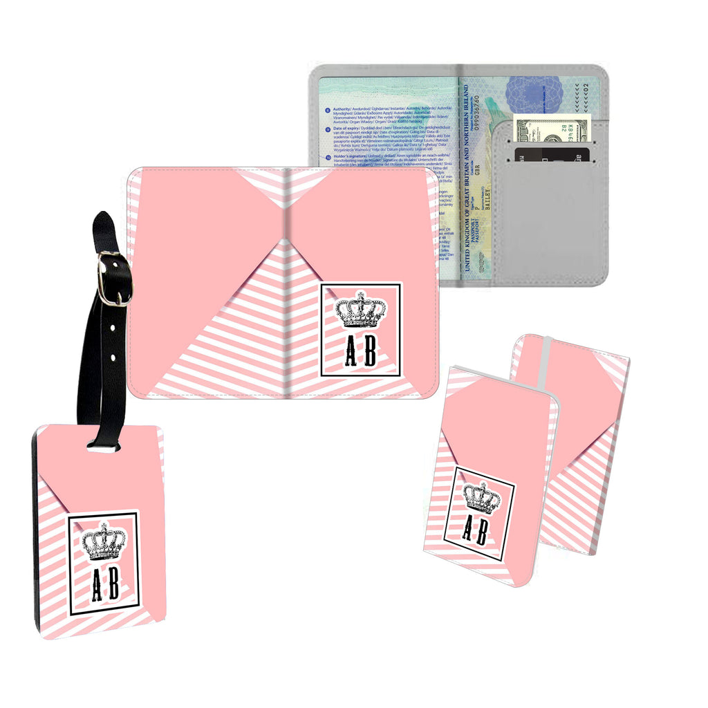 Personalised Name Passport Slim Cover Holder Luggage Tag Stripy Pink Crown - Ai Printing
