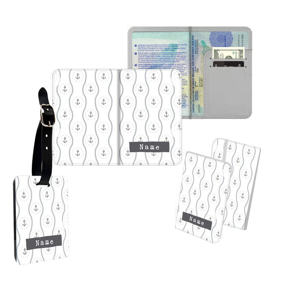 Personalised Name Passport Slim Cover Holder Luggage Tag Clear Anchor Pattern - Ai Printing