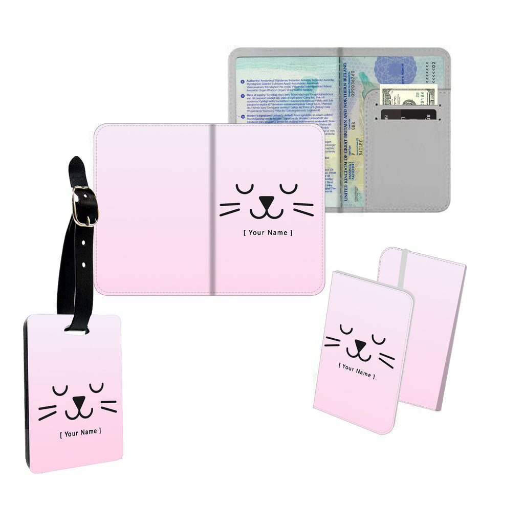Personalised Name Passport Slim Cover Holder Luggage Tag Sweet Pink Cat - Ai Printing