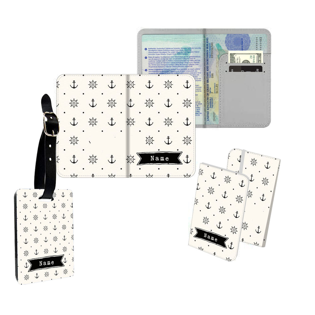 Personalised Name Passport Slim Cover Holder Luggage Tag Cream Anchor Pattern - Ai Printing