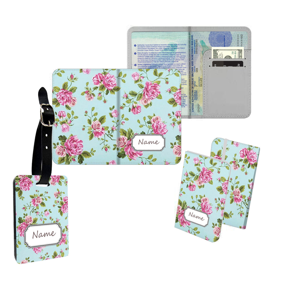 Personalised Name Passport Slim Cover Holder Luggage Tag Floral Green - Ai Printing