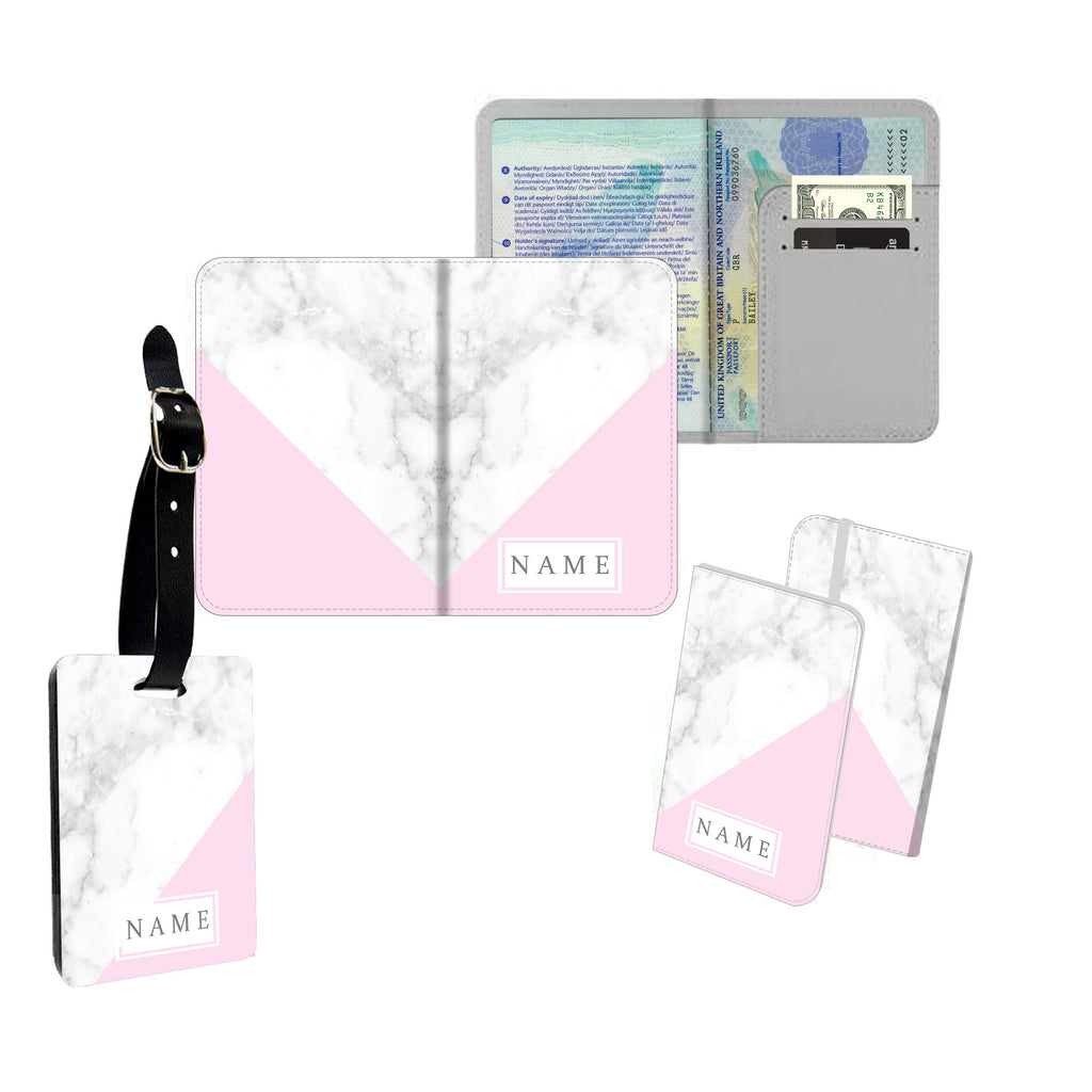 Personalised Name Passport Slim Cover Holder Luggage Tag Light Pink and Grey Marble - Ai Printing