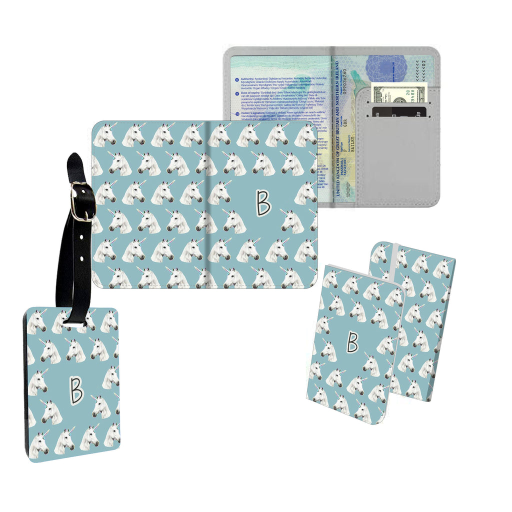 Personalised Name Passport Slim Cover Holder Luggage Tag Blue Unicorn Pattern - Ai Printing