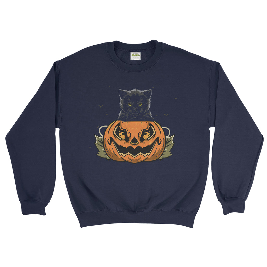 Black Cat Sitting at Big Scary Pumpkin Halloween Unisex - Sweatshirt | Ai Printing