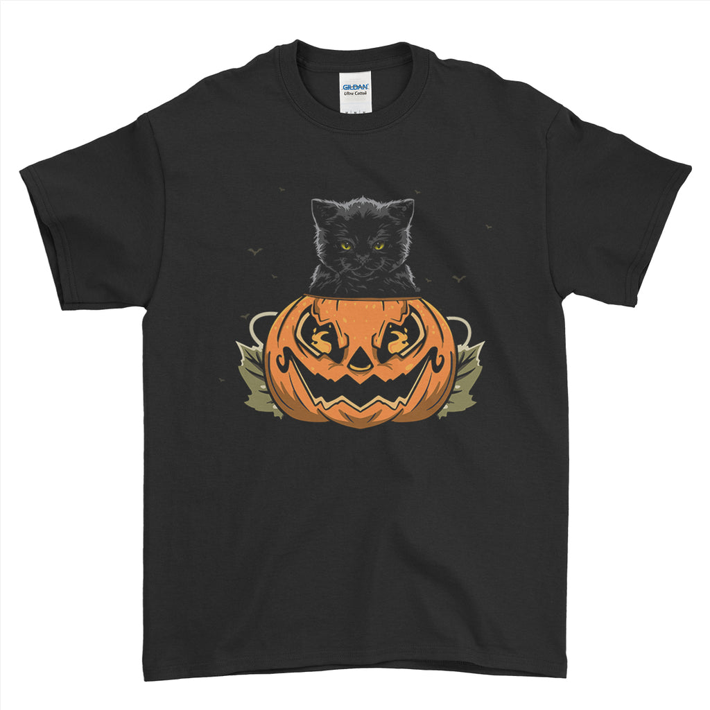 Black Cat Sitting at Big Scary Pumpkin Halloween Mens T-Shirt | Ai Printing