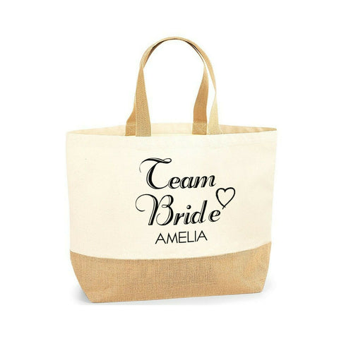 Personalised Name Initial Team Bride Wedding Lovely Jute Base Canvas Tote Bag  - Tote Bag | Ai Printing - Ai Printing