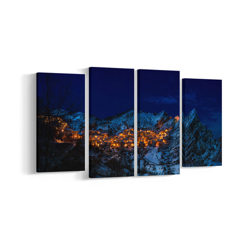 Castelmezzano Italian Village Night View 4 Panel Canvases - Landscape - Ai Printing